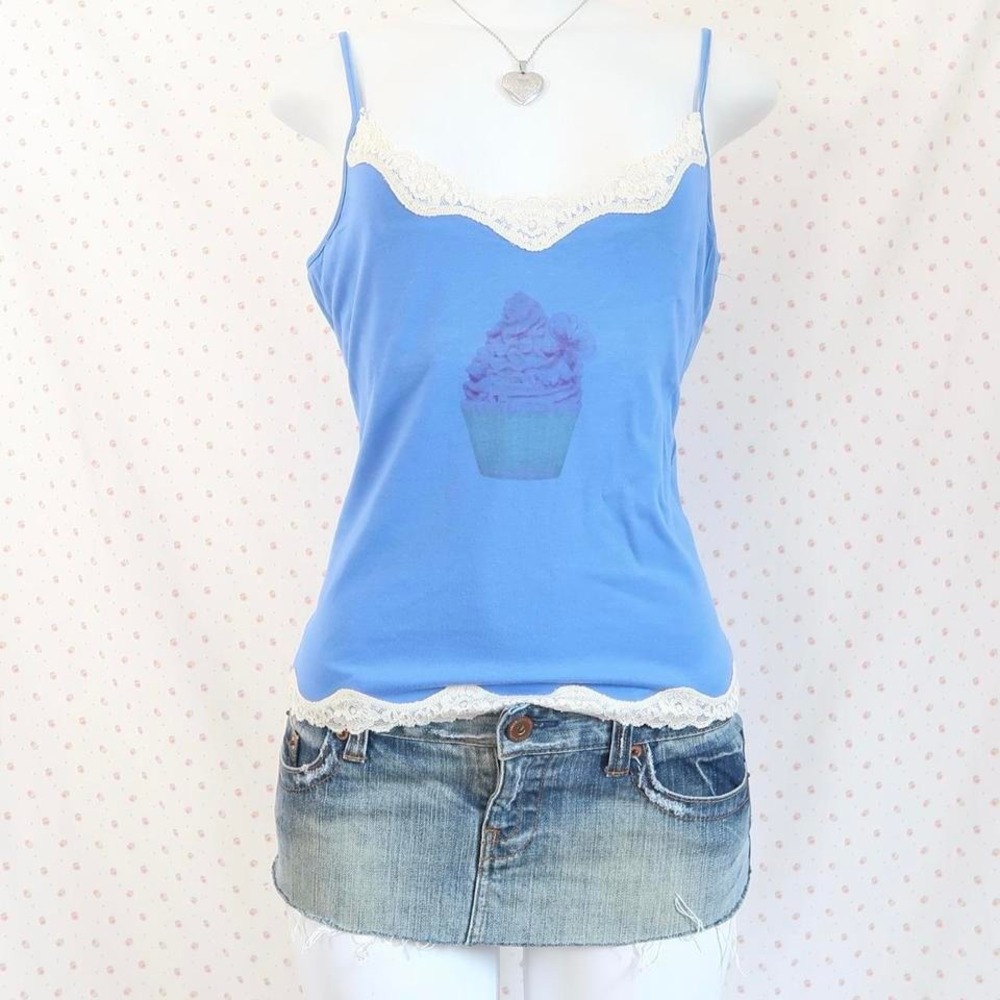 Blue Lace-Trim Cupcake Tank Top